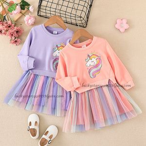 Bebê menina arco-íris tule vestido 2-6t crianças designer unicórnio impresso manga longa saia crianças primavera outono moda vestidos