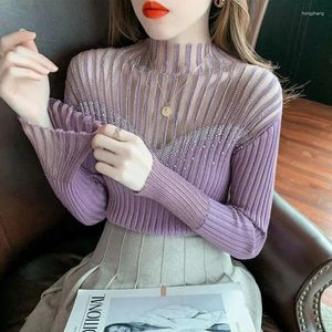 Women's Sweaters WDMSNA Half High Collar Mesh Lace Sweater Bottom Top For Women Autumn Long Sleeve Jumpers Diamond Hollow Out Slim Knit