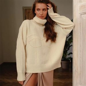 Suéteres femininos europeus e americanos camisola mulheres clássico diamante pérola grossa agulha alta pescoço sólido para outono inverno