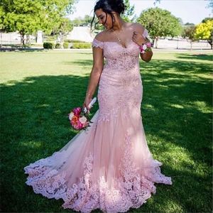 Pink Off Shoulder Full Lace Mermaid Evening Dresses Plus Size 2023 with Appliques Sweep Train Short Sleeves Formal Prom Party Gowns