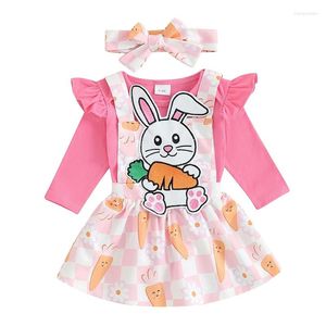 Kledingsets Babymeisjes Paasoutfit Romper met lange mouwen en cartoon geruite overalljurk