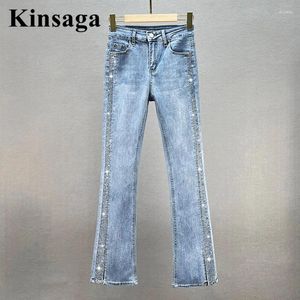 Jeans da donna Hippie Micro svasato Ragazza coreana selvaggia a vita alta con borchie strass Demin Tromba Pantaloni All-match Retro Boot Cuts Donna