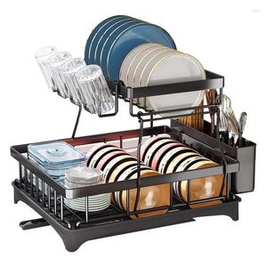 Prateleira de secagem de prato de armazenamento de cozinha portátil liga aço carbono escorredor de 2 camadas com placa multifuncional para