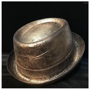 Berets Leather Steampunk Hat Men Fedora Gold Pork Pie Flat Top For Gentleman Bowler Gambler Cosplay Size M L