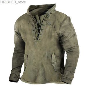 Tactical Jackets Men's Summer Tactical Long-sleeved T-shirt Outdoor Retro Lace-up Hooded Cool Top Plus Size Solid Color Hiking Fishing Hoodie ManL231218
