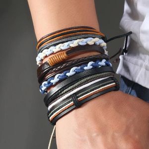 Link-Armbänder Herren-Lederarmband, einfach, handgefertigt, Weben, mehrschichtig, Retro-Mode, sechsteilig, Welle, Simiia-Charm für Männer