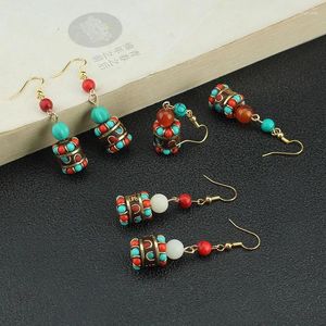 Dangle Earrings Retro Tibet Style Copper Wire Turquoise Inlay Handmade Niche Tribal Antique Jewelry Crochet