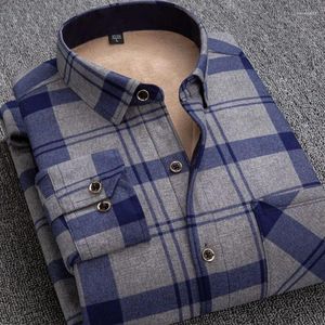 メンズカジュアルシャツ秋の冬の男性フリース温かいビジネス格子縞のターンダウン襟長い袖の太いブラウスオールマッチポケットトップ