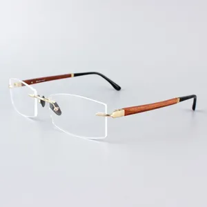 Sunglasses Vazrobe Rimless Titanium Eyeglasses Frame Men Women Wooden Temple Myopic Glasses Spectacles For Prescription Gold Grey