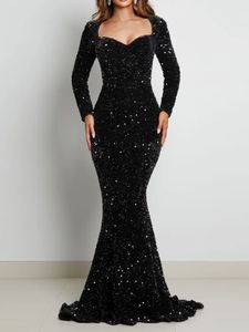 Grundlegende Freizeitkleider, langärmelig, gepolstertes Pailletten-Maxikleid, bodenlang, glitzernd, Stretch, V-Ausschnitt, Meerjungfrau, formelles Abend-/Nacht-Partykleid, Grau, Schwarz, Rot, 231216