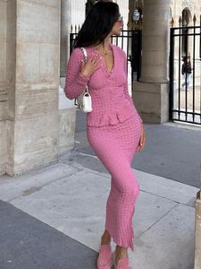 Sukienki robocze Elegancka kardigan z guzikiem 2-częściowy zestaw dla kobiet seksowna koszula z kołnierzykiem Top Slit Długie spódnice Slim Streetwear