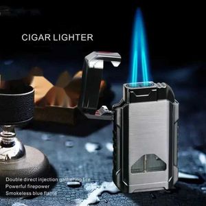 Double Turbo Torch Jet Cigar Dedicated Metal Plastic No Gas Lighter 1300C Windproof Pipe Smoking Accessories Gadget for Men