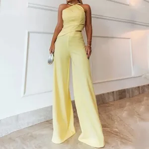Women's Two Piece Pants Elegant Women's Trouser Suit 2023 Summer Daily Commuting Sexy Sleeveless Halter Neck Top Loose Trousers