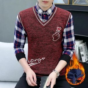 Men's Sweaters Autumn Winter Pullover Turn-down Collar Plaid Button Lettering Printed Long Sleeve Sweater Knitted Undershirt Formal Tops