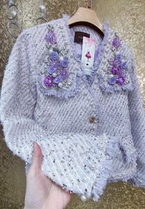 Women's Jackets Luxury Diamonds Beaded 3D Flowers Bright Silk Purple Woolen Tweed Jacket Roses Floral Embroidery Short Coat Pearls Cardigan