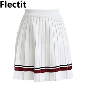 Abiti Flectit Minigonna a pieghe da donna Vita alta Minigonna a righe con finiture in maglia Minigonna in maglia da ragazza delle scuole superiori in bianco blu scuro