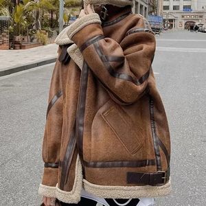 Mulheres jaquetas inverno casaco de pele de carneiro pele de camurça de couro mulheres quentes cordeiro shearling jaqueta zíper moto motociclista manga longa curto casual outwear 231218