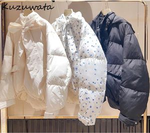 Casacos de trincheira femininos kuzuwata elegante com capuz manga longa rendas até casaco impressão sustans quente zip parkas japão 2023 inverno casual em linha reta