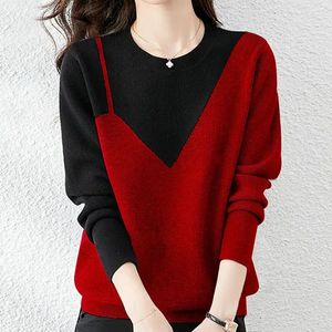 Womens Sweaters Korean Fashion Panelled Knit Autumn Winter Warm ONeck Long Sleeve Loose Pullovers Women Clothing Allmatch Casual Tops 231218