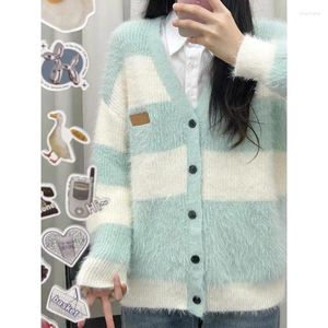 Women's Knits V Neck Loose Women Green Cardigans Striped Streetwear Long Sleeve Contrast Color Korean Y2k Knitted Coats Pull Femme Tops