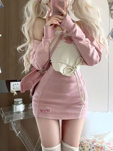 Work Dresses Japanese Lolita Kawaii 3 Piece Set Women Autumn Korean Sweet Skirt Suit Female Print Sexy Vest Pink Y2k Cardigan Mini Skirts