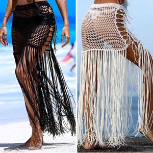 set Women Crochet Swimwear Bikini Cover Up Beach Skirts Wrap Sarong Pareo High Waist Long Tassel Maxi Skirt Solid Swimsuits