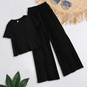 Women's Two Piece Pants 2 Pcs/Set Chic Women T-shirt Set Wide Leg Deep Crotch Lady Top Pure Color