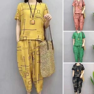 Women's Two Piece Pants Women T-shirt Set Comfortable Geometric Print Loose Color Matching Plus Size Vintage Summer Suit 2 Pcs/Set