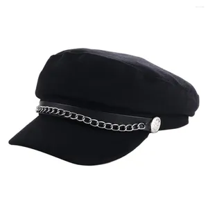 Berets Korean Retro For Unisex Winter British Style Metal Chian Streetwear Men Sailor Caps Flat Navy Hats Women Captain