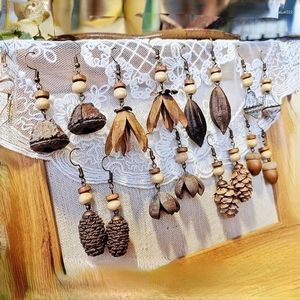 Dangle Earrings Fashion Creative Handmade Natural Pine Nut Acorn Vintage Wood Dried Fruit Earring For Women Girls Bohemian Jewelry