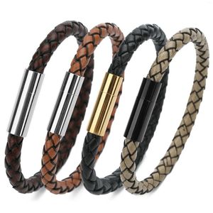 Strand 1pc 20cm Trendy Stainless Steel Leather Straight Pipe Threaded Magnetic Buckle Genuine Bracelet For Couple Jewelry Gifts