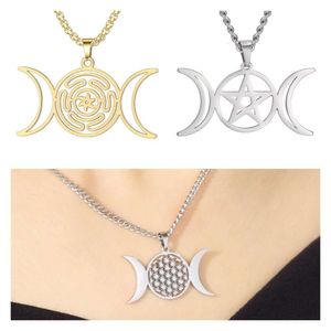 Titânio de aço inoxidável triplo lua deusa amuleto wicca pentagrama colar hecate roda flor da vida colar jóias pagãs para mulheres e homens bijoux atacado