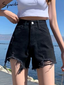 Jeans Syiwidii Stretch Tassel Ripped Denim Shorts for Women Summer 2022 Vintage Streetwear High Waist Black Mom Jeans White Pants