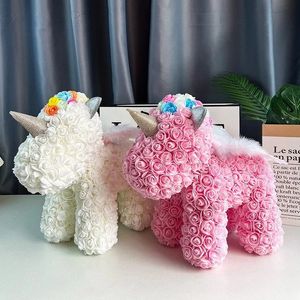 Faux Floral Greenery Unicorn Preserved Flowers Statues Artificial Rose Preserved Fresh Flower Unicorn Living Room Decoration Propose Valentine Gifts 231218