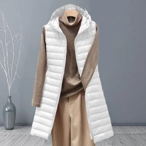 Women's Vests Ladies medium and long style pure color Hooded light down cotton vest jacket autumn winter slim sleeveles Parkas 231218