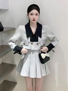 Work Dresses Short Grey Blazers Coat 2024 Suit For Women Slim Pleated Skirt Cake Lazy Casual Sweet Y2k Crop Top Two Piece Sets Jacket