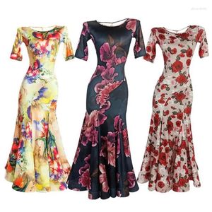 Stage Wear Modern Dancewear Female Adult Elegant Flower Print Ballroom Dance Dresses Midi Sleeve Foxtrot Women Waltz Long Dress