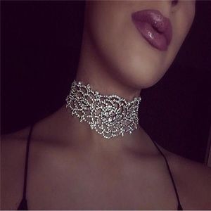 Bling Choker Necklace with Full Rhinestones Gold Silver Chain Punk Wide Collar Necklace Top Gift for Women 2 Colors 6 Pcs2317