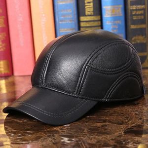 Ball Caps Genuine Leather Baseball Cap Cowhide Hat Mens Fashion Masculino Outdoor Elderly Winter Earmuffs B-7259