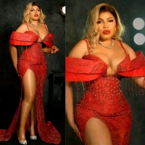 2024 Plus Size Aso Ebi Prom Dresses Red Mermaid Sexy High Split Appliced ​​Spets Evening Formal Dress for African Black Women Second Reception Födelsedagsfest GOWN NL032