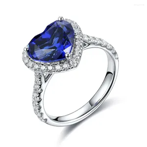 Cluster Rings ANSTER 925 Sterling Silver Love Heart 3.43ct Royal Blue Lab Grown Sapphire Jewelry Aquamarine For Women Engagement Wedding