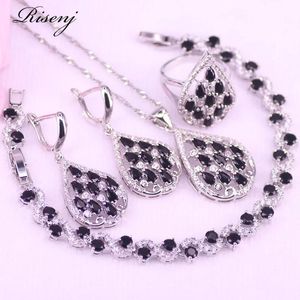 Sets Großer Wassertropfen Schwarzer Stein Silber Schmuckset für Frauen Ohrringe Ring Halskette mit Armband Set Brautschmuck T58