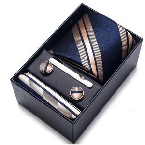 Gravatas Gravatas Gravatas 100% Marca de Seda Gravata Lenço Cufflink Conjunto para Homens Gravata Caixa de Presente de Feriado Azul Ouro Terno Acessórios Slim Wed Dh8Yl