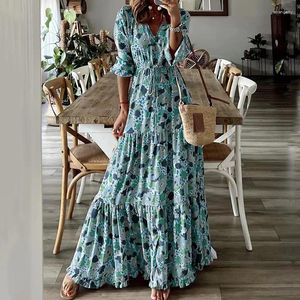 Skirts Women Floral Print Long Dress Summer Casual V-Neck Half Sleeve Loose Big Swing Female Vintage Bohemian Beach Maxi Dresses