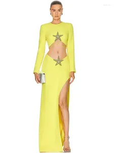 Work Dresses Women Celebrity Sexy Long Sleeve Lemon Yellow Starfish Maxi Bodycon Skirt Set 2023 Elegant Evening Club Party Outfits