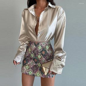 Women's Blouses Commuter Lady Elegant Button Blouse Shirts Spring Sexy Solid Turn-down Collar Women Tops Autumn Long Sleeve Loose Satin