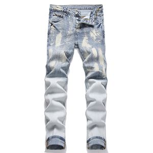 Trendy Paint Inkjet White Skinny Jeans Blue Stretch Men's Denim Pants Slim-Fit High Street Homme Jean