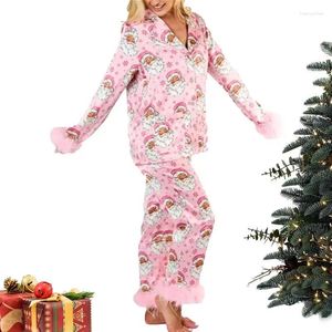 Pigiama da donna in piume di pigiama da donna Set natalizi rosa Pantaloni a maniche lunghe Pjs Babbo Natale stampato