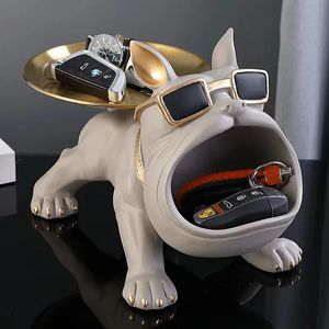 Dekorativa föremål Figurer French Bulldog Butler Dcor Crafts Dog With Tray Big Mouth Staty Home Storage Box Harts Sculputre Figurine Art Gift 231218