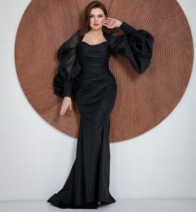 Elegant långärmad svart satin aftonklänningar med delad sjöjungfru Organza veckade svep tåg prom klänning party klänningar för kvinnor